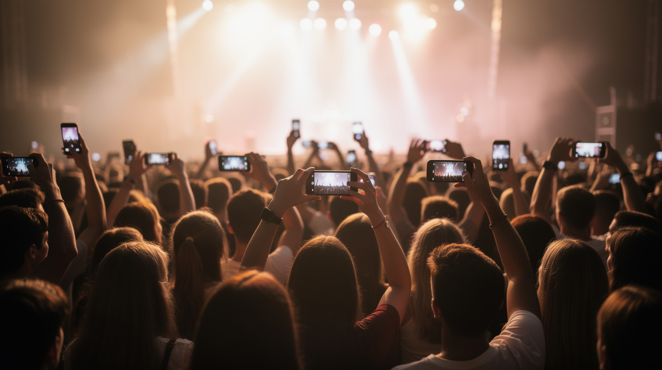 Crowd of diverse young fans raising phones to film a stage under warm concert light